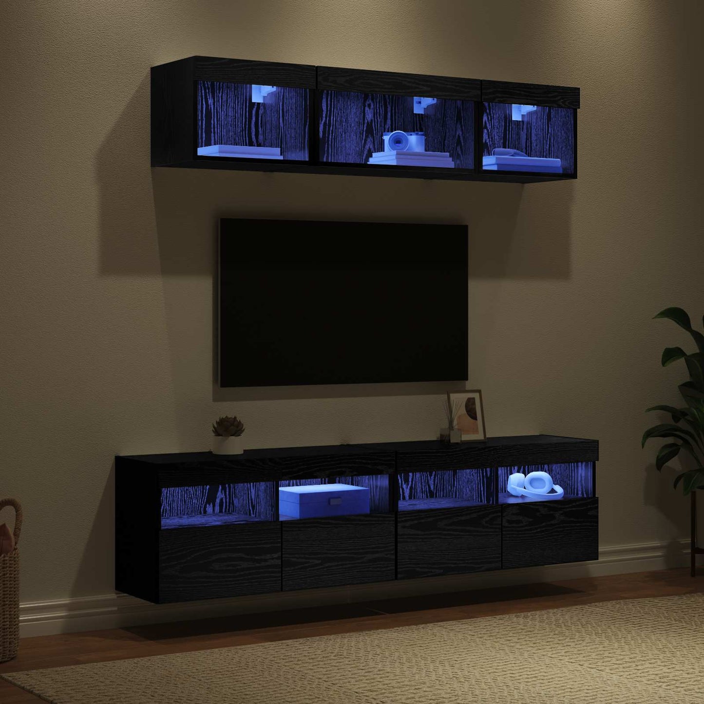 TV Wand Einheiten mit LED mit LED 5 pcs Schwarz Eichen-Optik