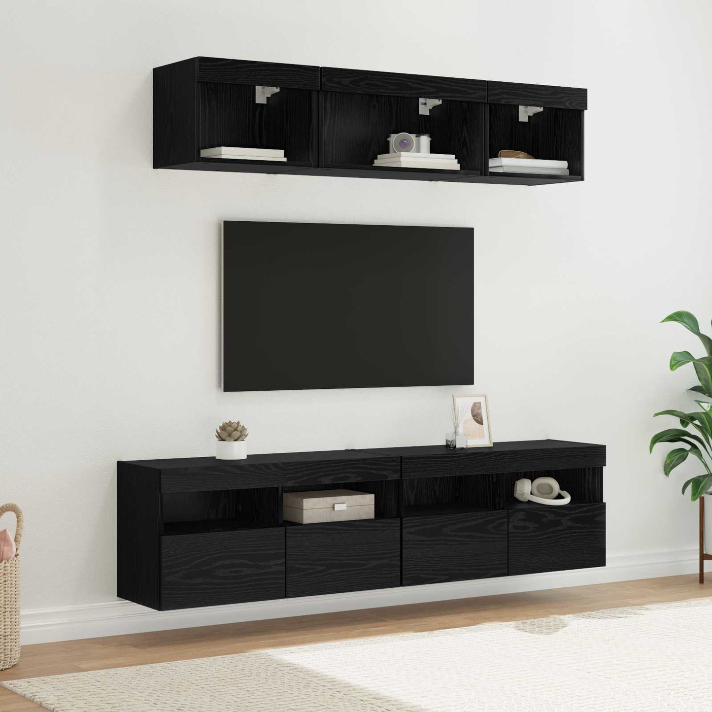 TV Wand Einheiten mit LED mit LED 5 pcs Schwarz Eichen-Optik