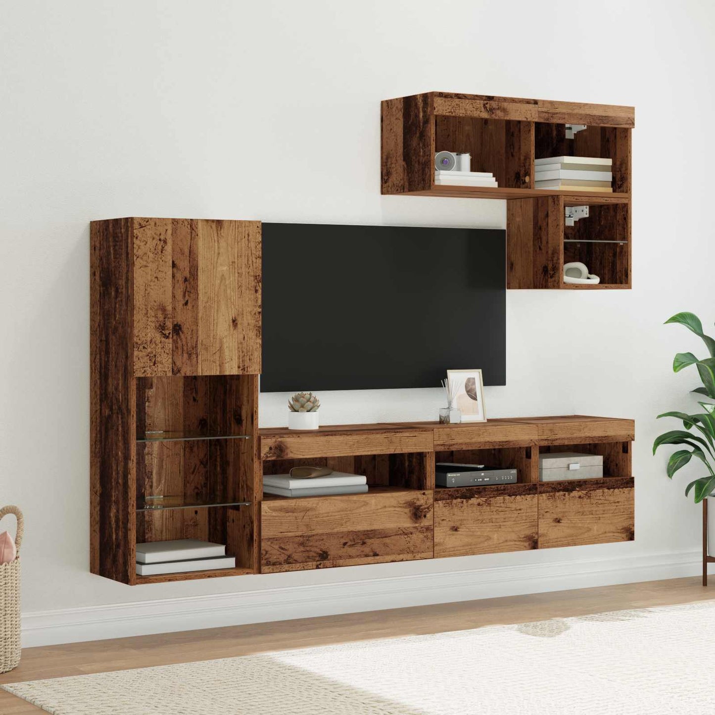 TV-Wandgeräte mit LED-Lichtleisten 6 pcs Altholz Holzwerkstoff