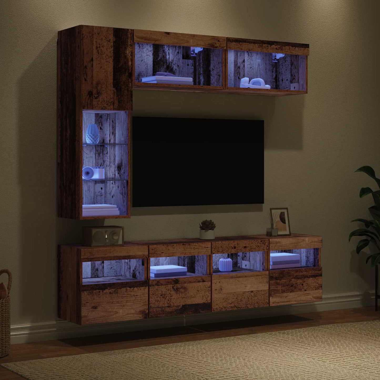 TV-Schränk mit LED Wandmontiert 7 pcs Altholz Holzwerkstoff