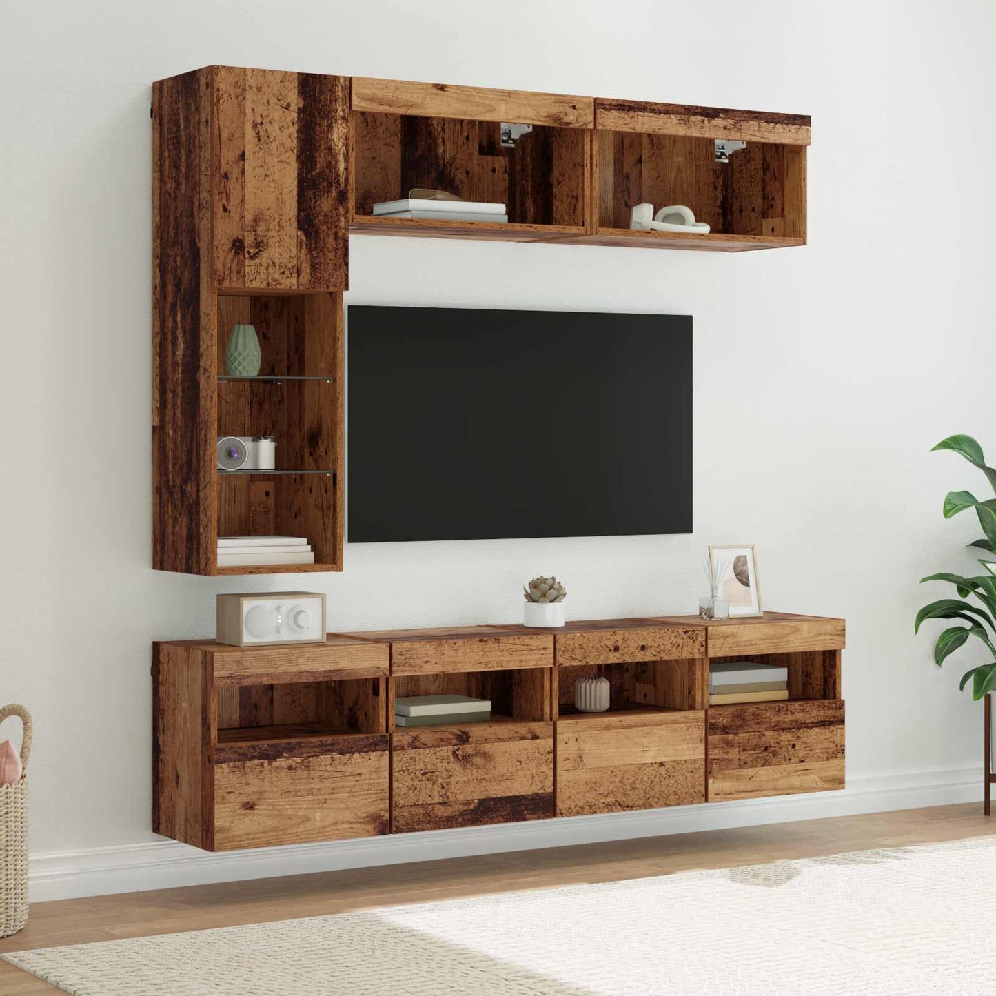 TV-Schränk mit LED Wandmontiert 7 pcs Altholz Holzwerkstoff