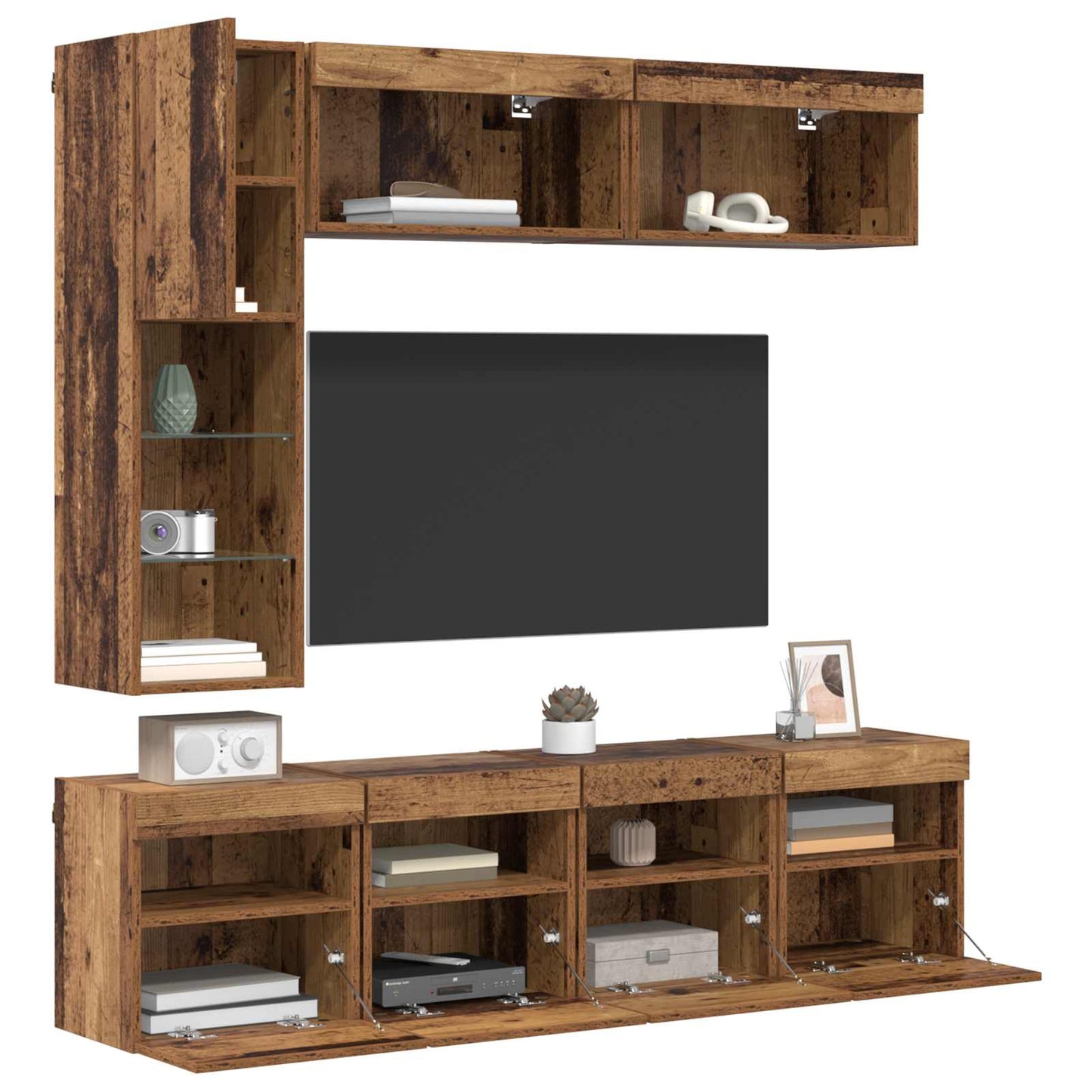 TV-Schränk mit LED Wandmontiert 7 pcs Altholz Holzwerkstoff
