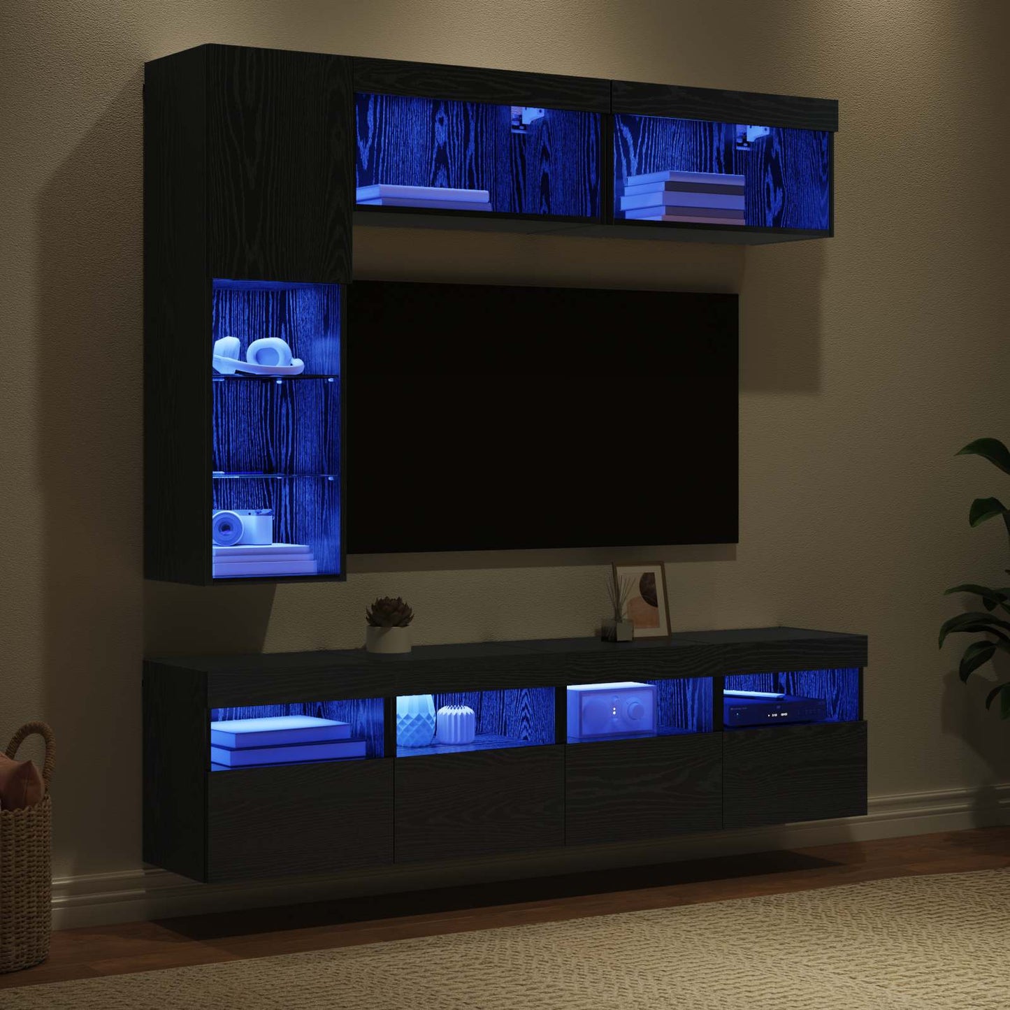 TV-Schränk mit LED 7 pcs Schwarz Eichen-Optik Holzwerkstoff