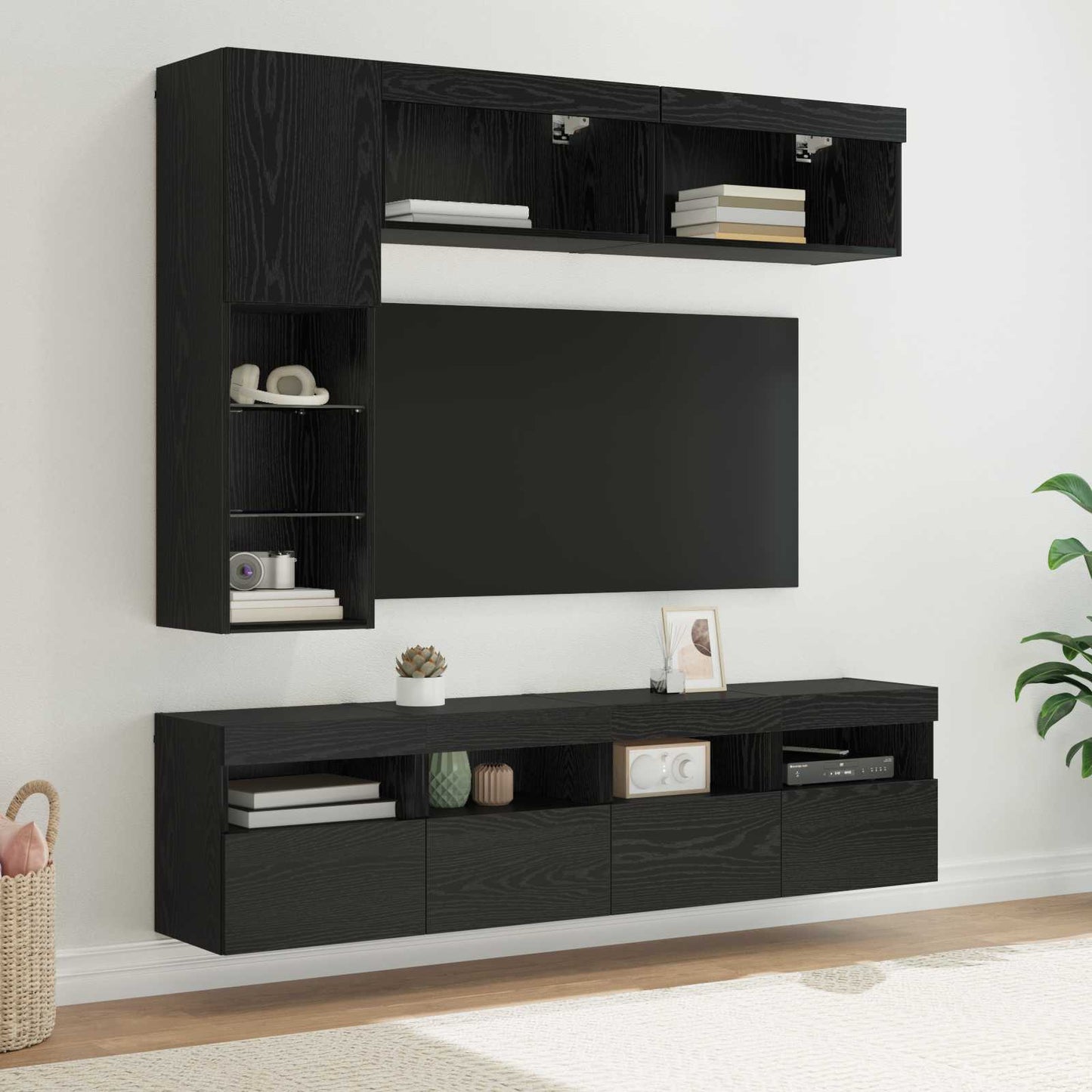 TV-Schränk mit LED 7 pcs Schwarz Eichen-Optik Holzwerkstoff