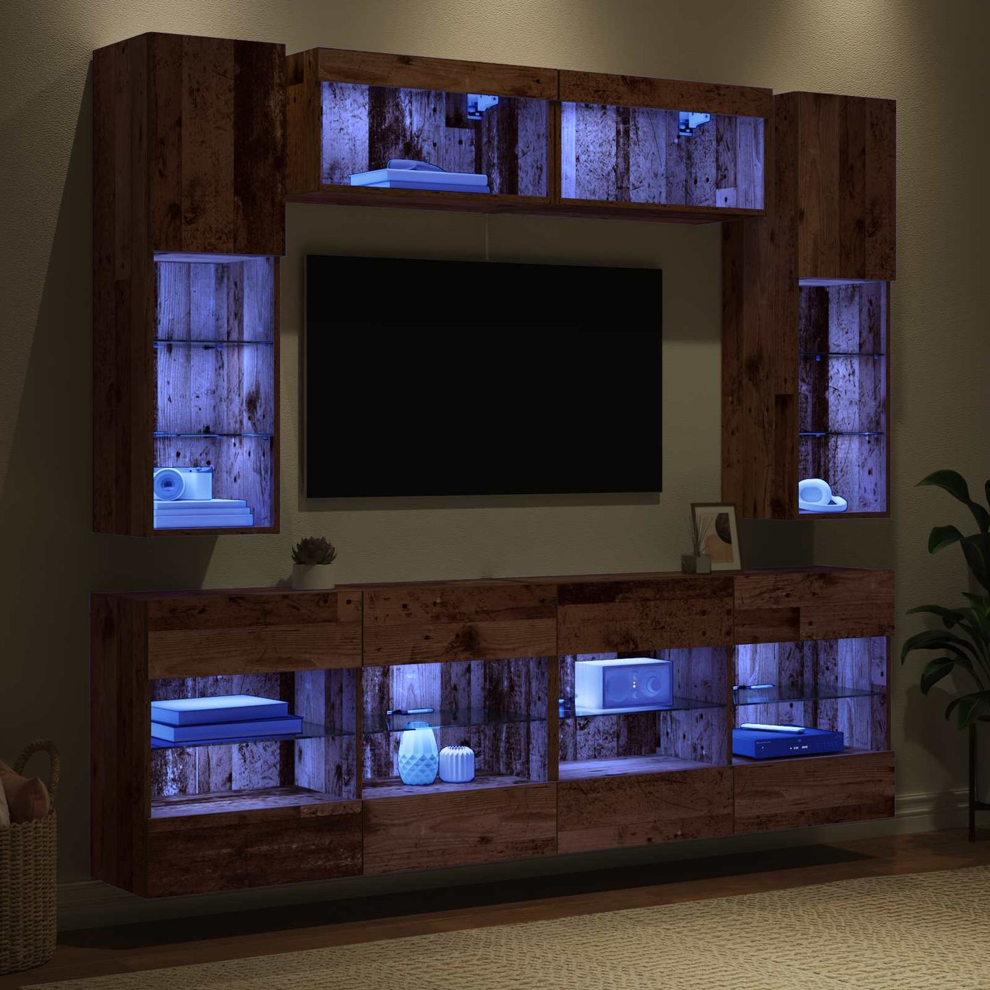 TV-Wandregal-Set mit LED 6 pcs Altholz Holzwerkstoff