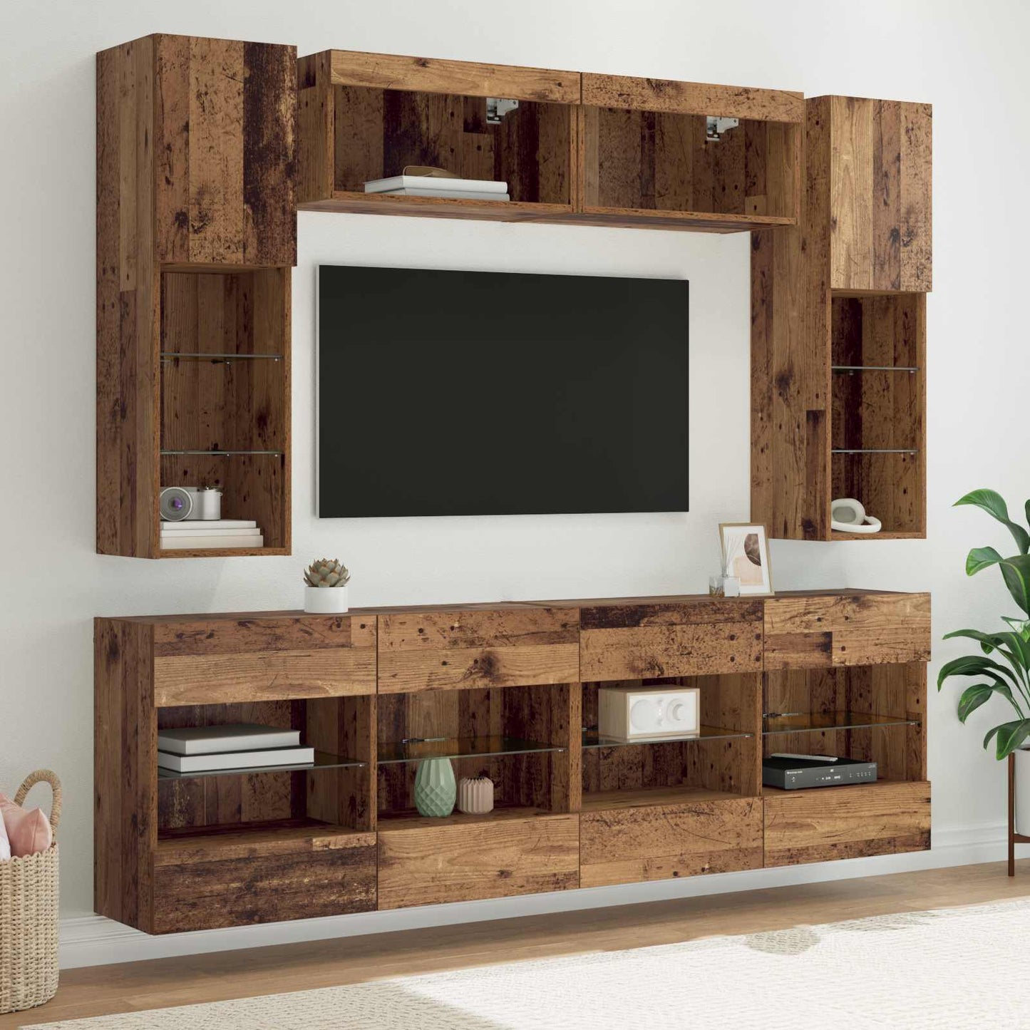 TV-Wandregal-Set mit LED 6 pcs Altholz Holzwerkstoff