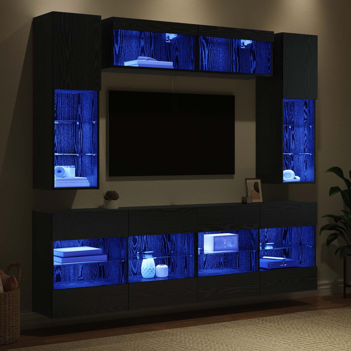 TV Wandmöbel Set mit LED 6 Stk. Schwarz Eiche Holzwerkstoff