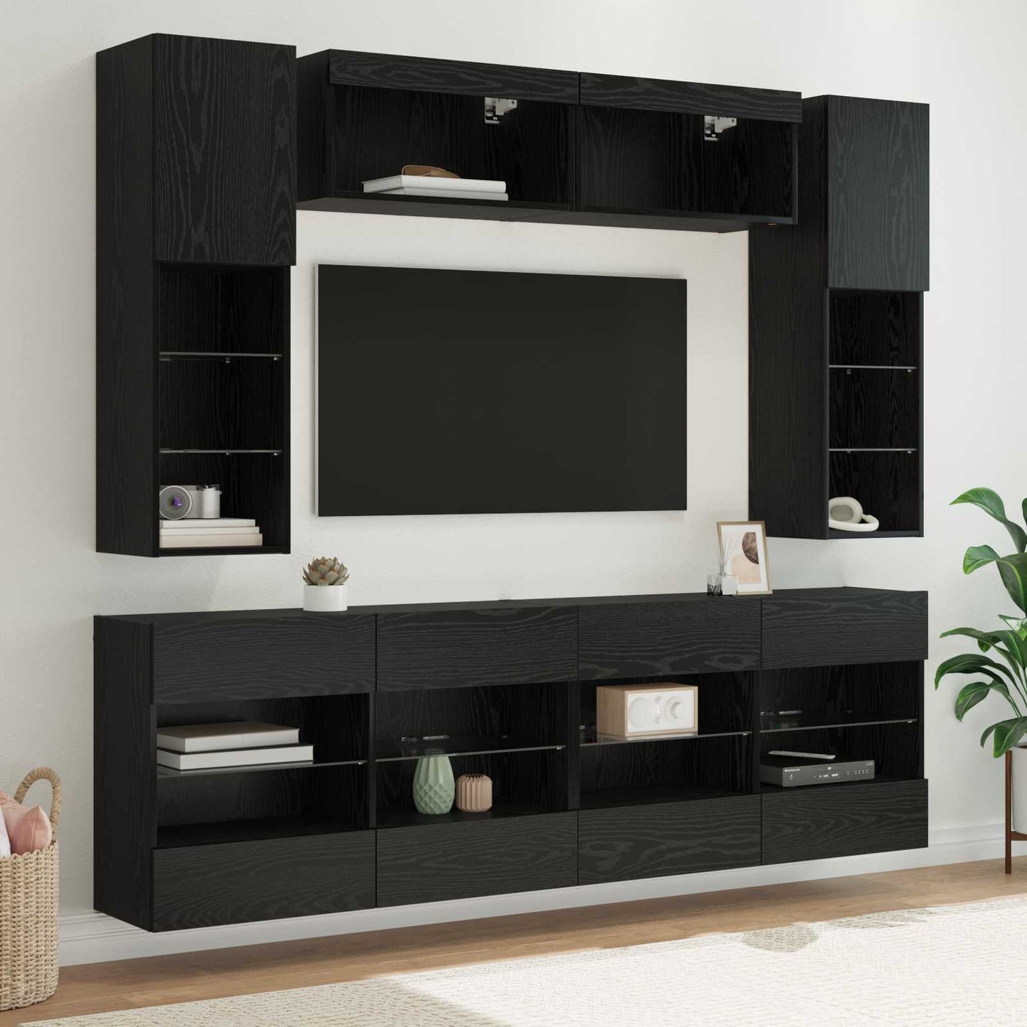 TV Wandmöbel Set mit LED 6 Stk. Schwarz Eiche Holzwerkstoff