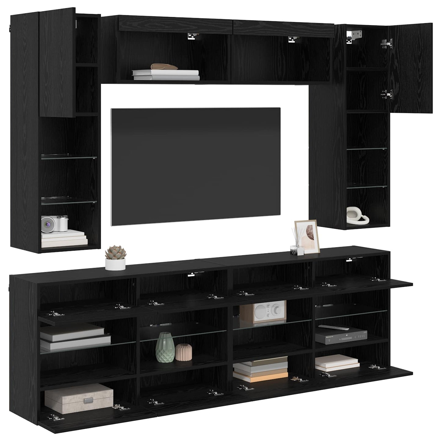 TV Wandmöbel Set mit LED 6 Stk. Schwarz Eiche Holzwerkstoff