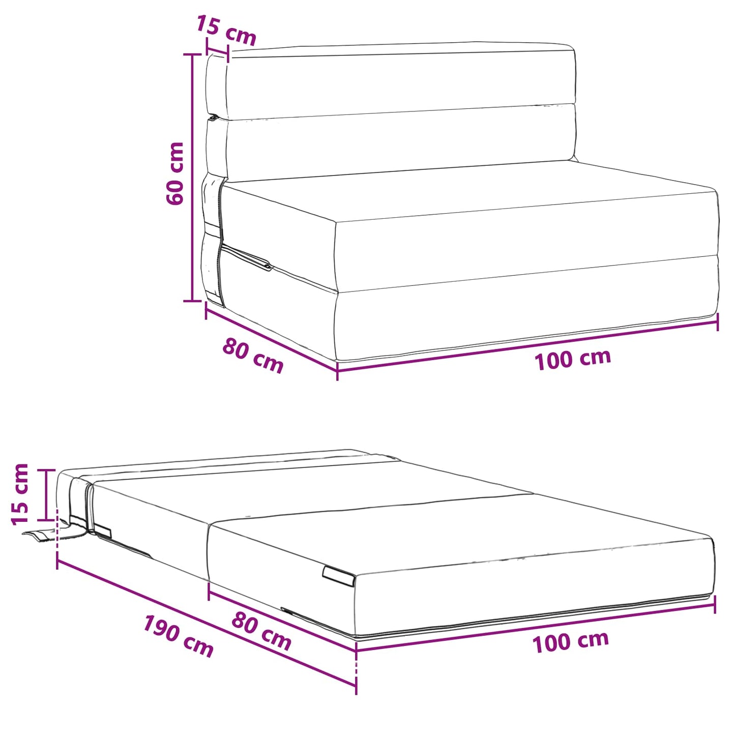 Klappsofa Bett Hellgrau 190 x 100 x 15 cm Stoff