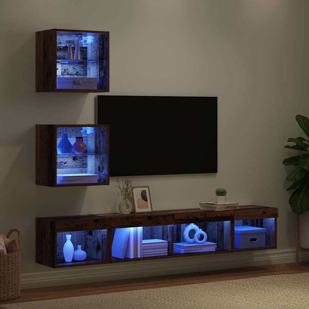 TV Wand Einheiten mit LED mit LED 5 pcs Altholz Holzwerkstoff
