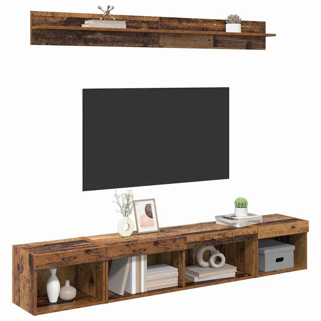 TV-Wandregal-Set mit LED 5 pcs Altholz Holzwerkstoff