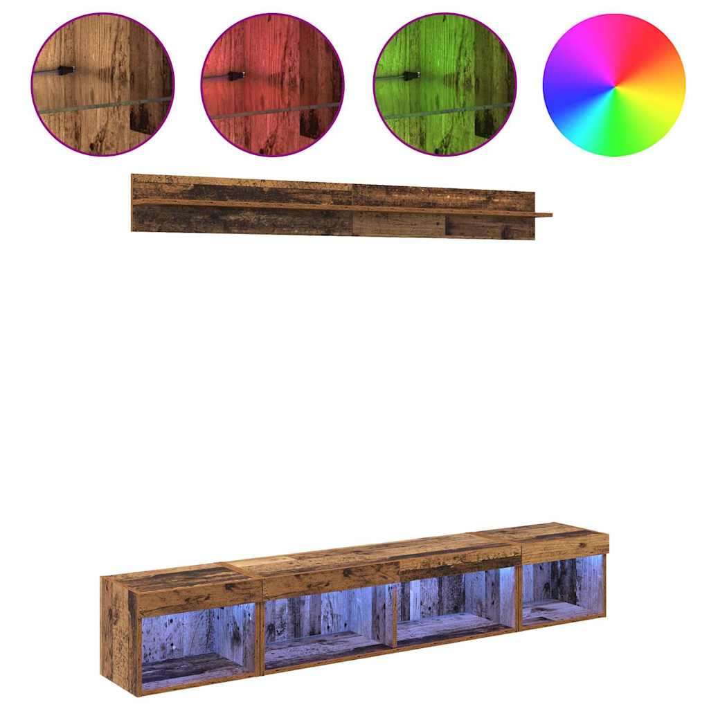 TV-Wandregal-Set mit LED 5 pcs Altholz Holzwerkstoff