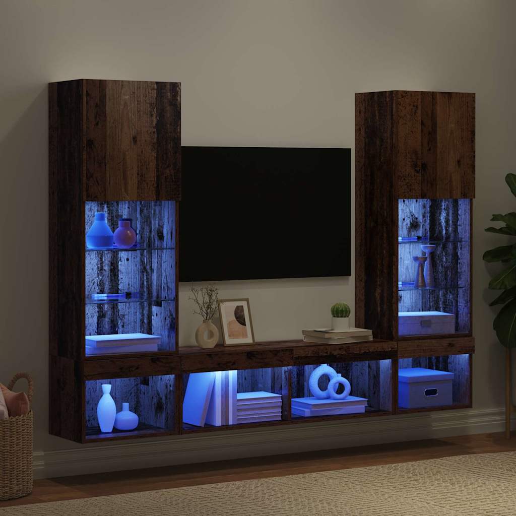 TV Wand Einheiten mit LED mit LED 5 pcs Altholz Holzwerkstoff