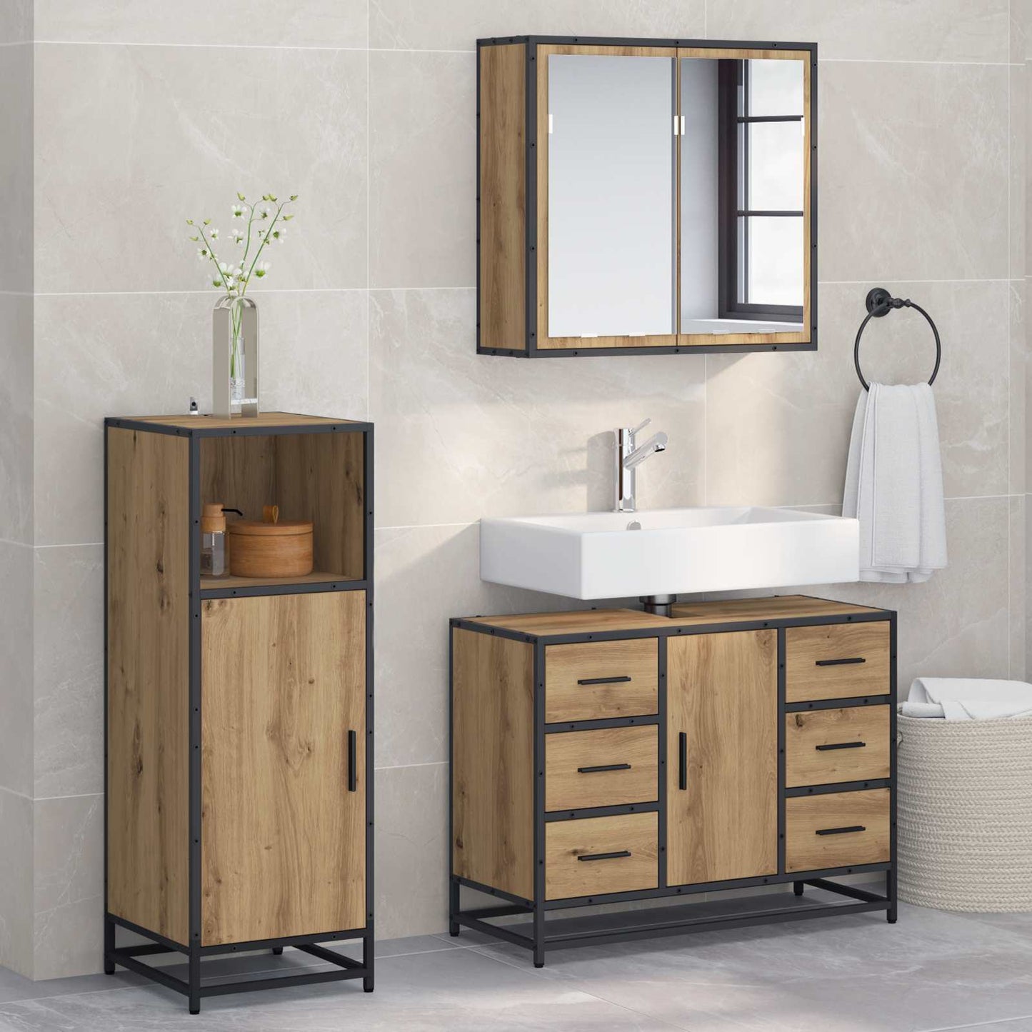 Badezimmermöbel-Set mit Regal 3 pcs Artisan-Eiche Holzwerkstoff