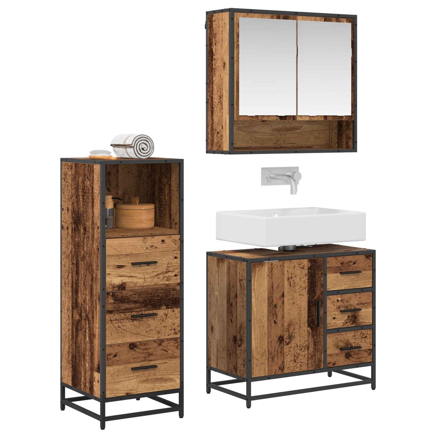 Badezimmermöbel-Set mit Schubladen 3 pcs Altholz Holzwerkstoff