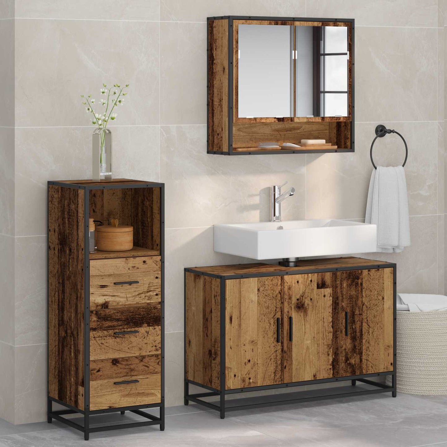 Badezimmermöbel-Set mit Schubladen 3 pcs Altholz Holzwerkstoff