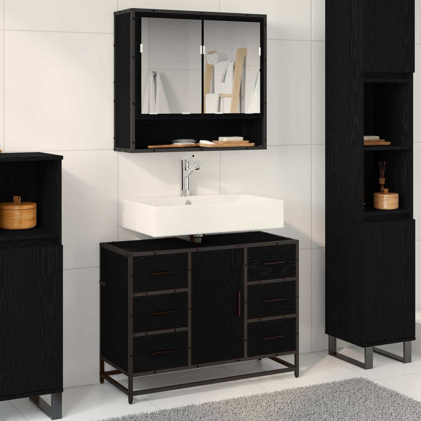 Badezimmermöbel-Set 2 pcs Schwarz Eichen-Optik Holzwerkstoff