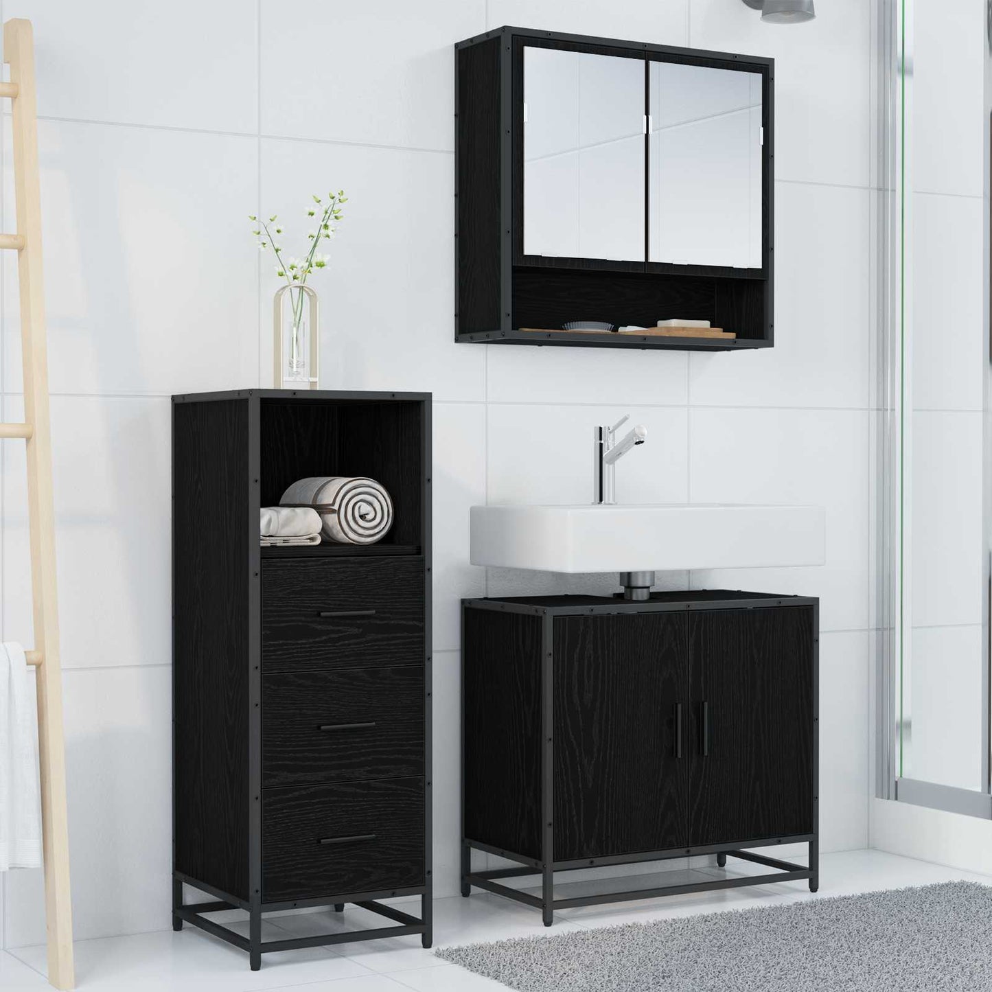 Badezimmermöbel-Set 3 pcs Schwarz Eichen-Optik Holzwerkstoff