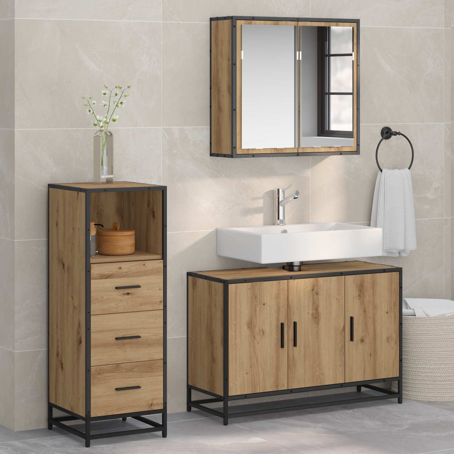 Badezimmermöbel-Set mit Regal 3 pcs Artisan-Eiche Holzwerkstoff