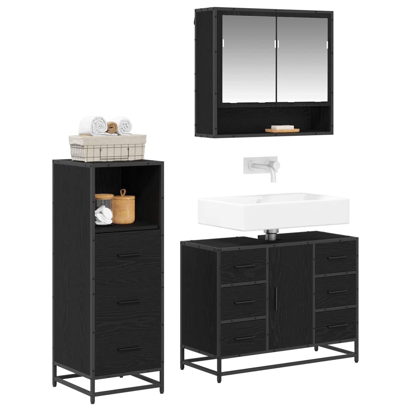 Badezimmermöbel-Set 3 pcs Schwarz Eichen-Optik Holzwerkstoff