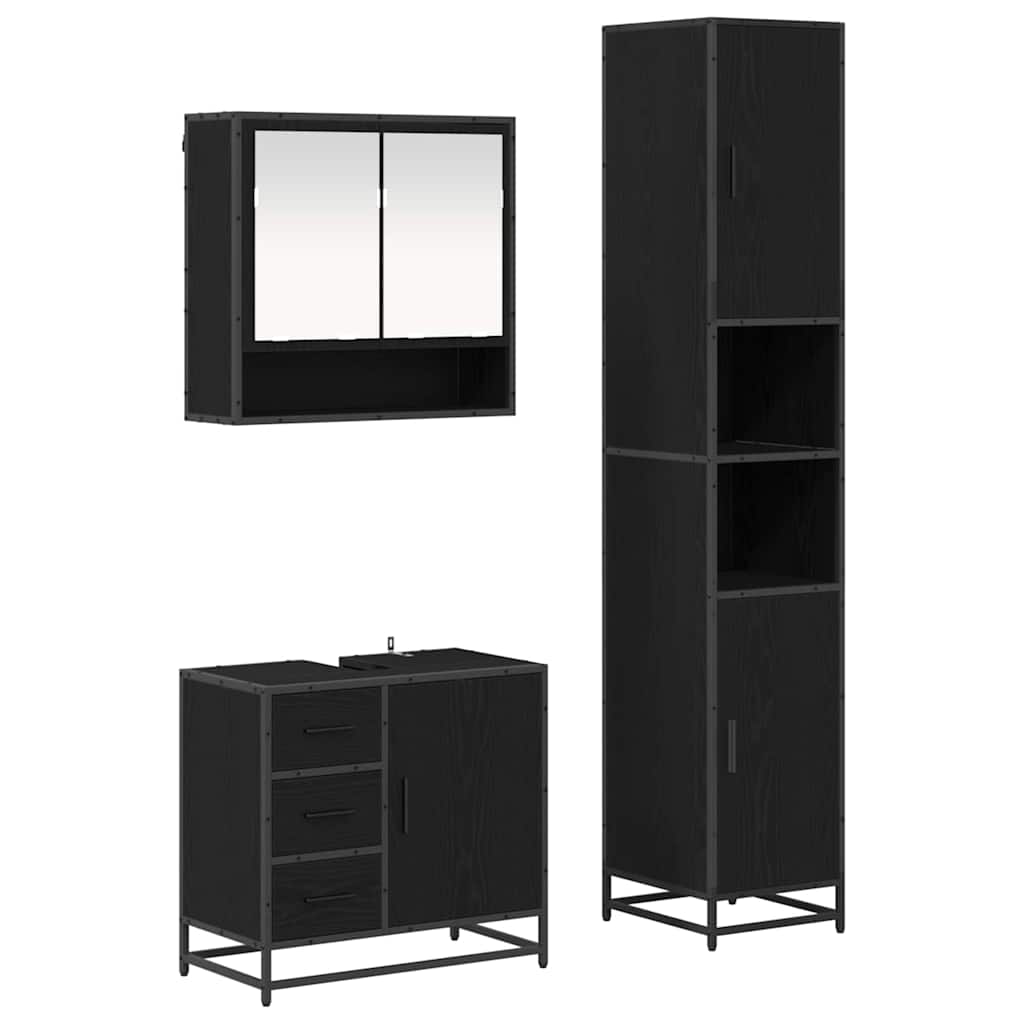 Badezimmermöbel-Set 3 pcs Schwarz Eichen-Optik Holzwerkstoff