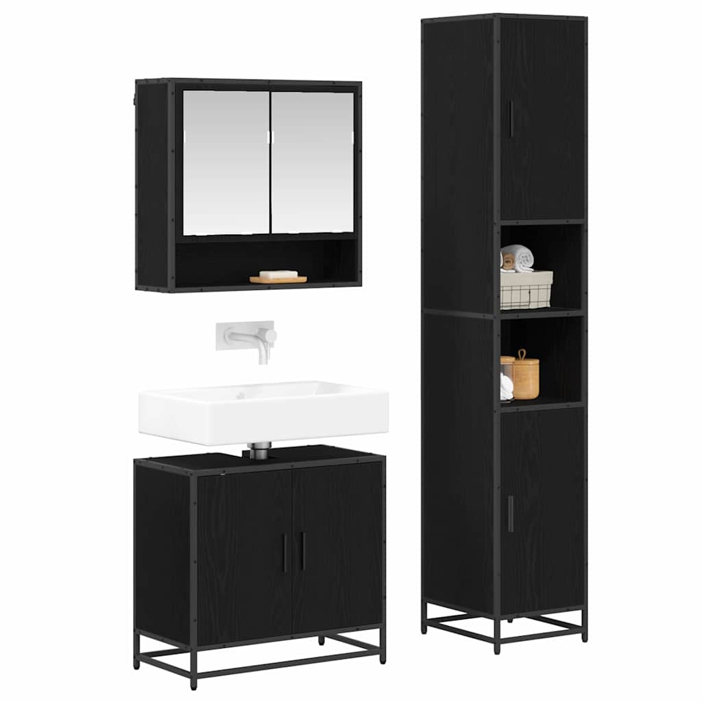 Badezimmermöbel-Set 3 pcs Schwarz Eichen-Optik Holzwerkstoff