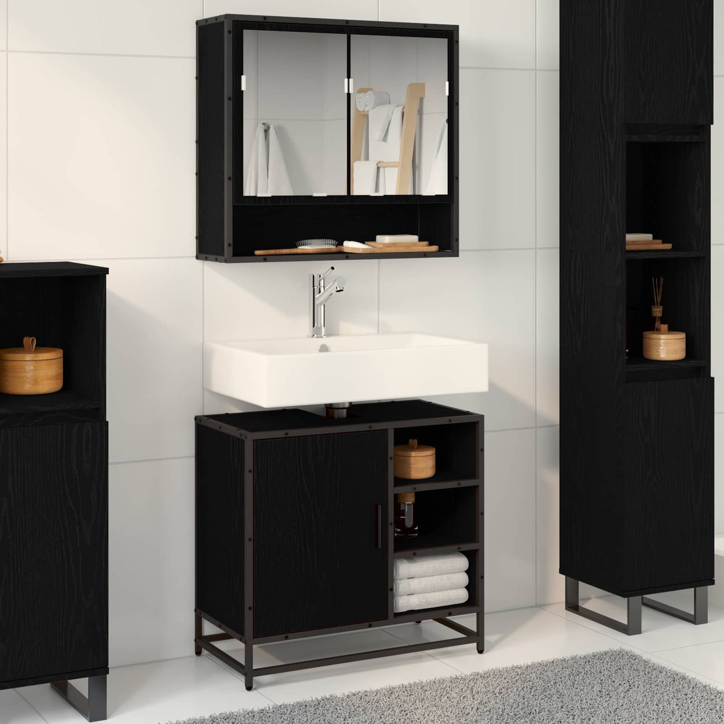 Badezimmermöbel-Set 2 pcs Schwarz Eichen-Optik Holzwerkstoff