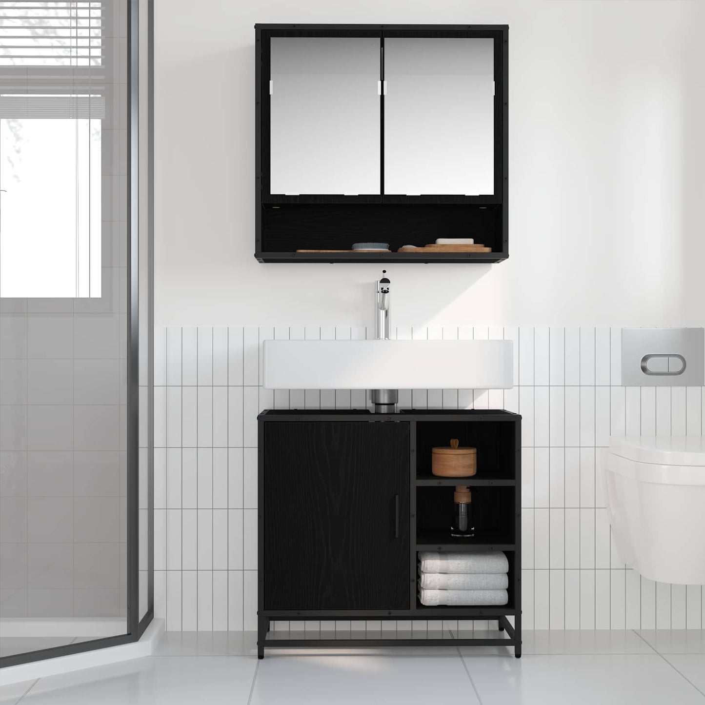 Badezimmermöbel-Set 2 pcs Schwarz Eichen-Optik Holzwerkstoff