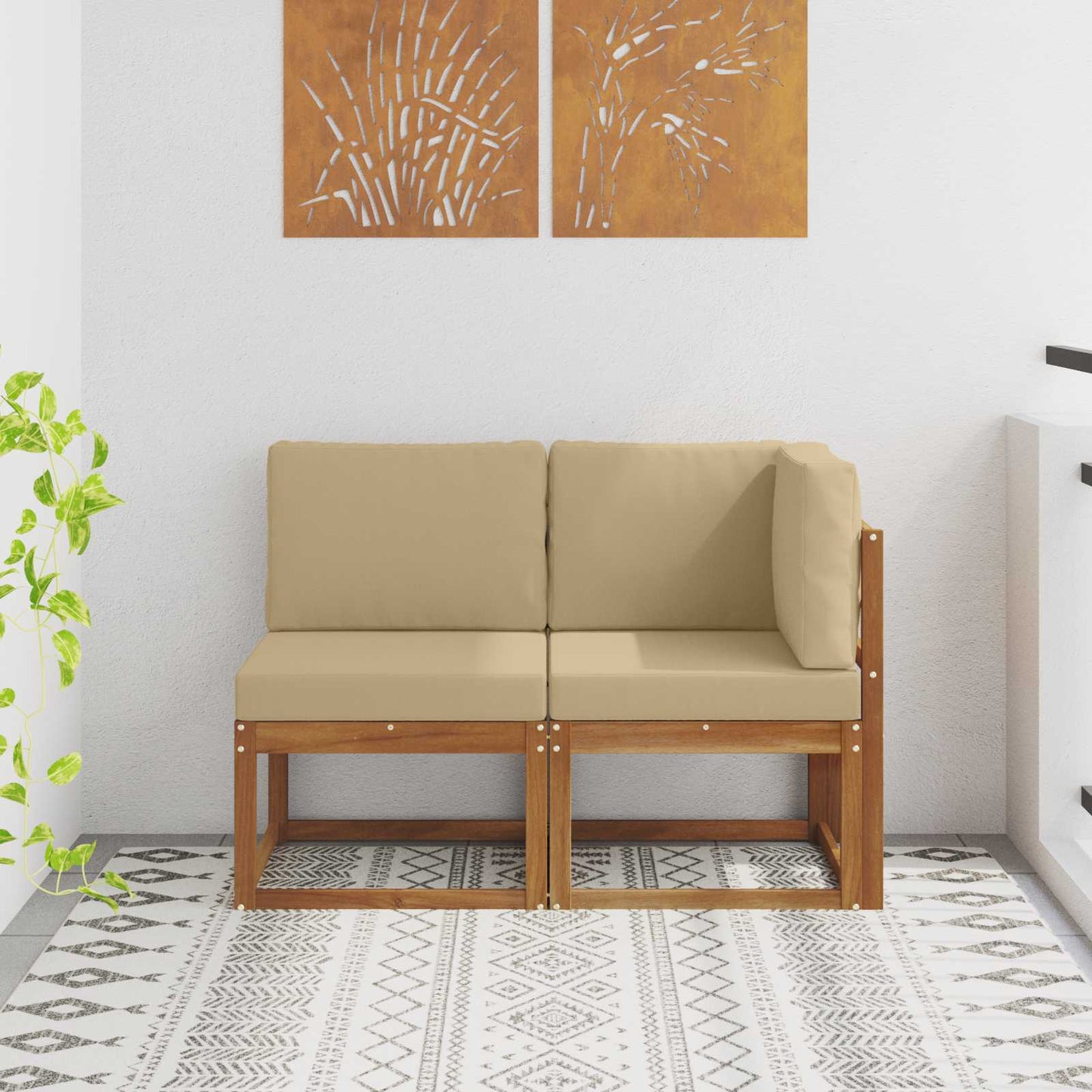 Outdoor Mittel- und Ecksofa mit Kissen 2 Stück Natur und Beige