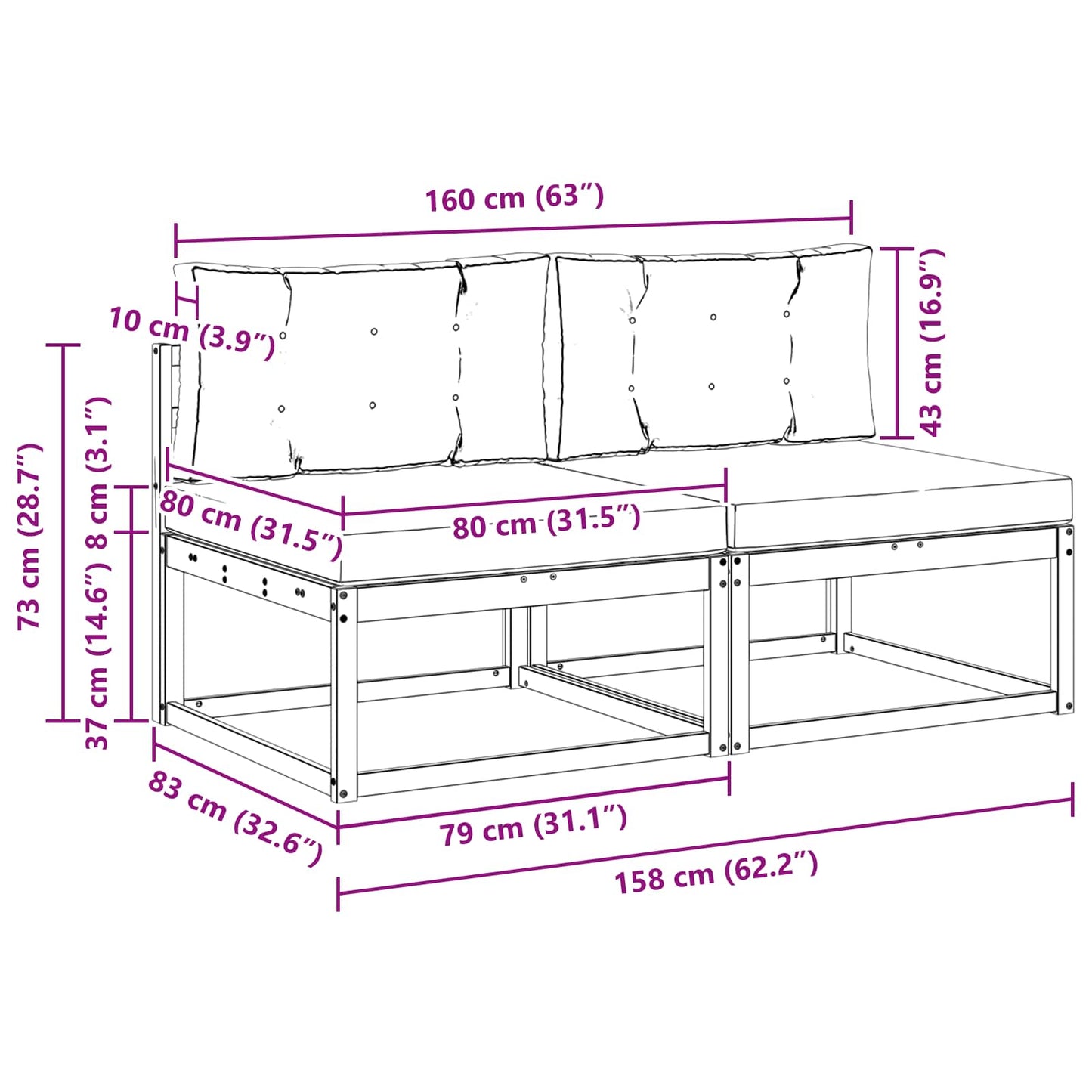 Outdoor Mittelsofa mit Kissen 2 Stück Natur