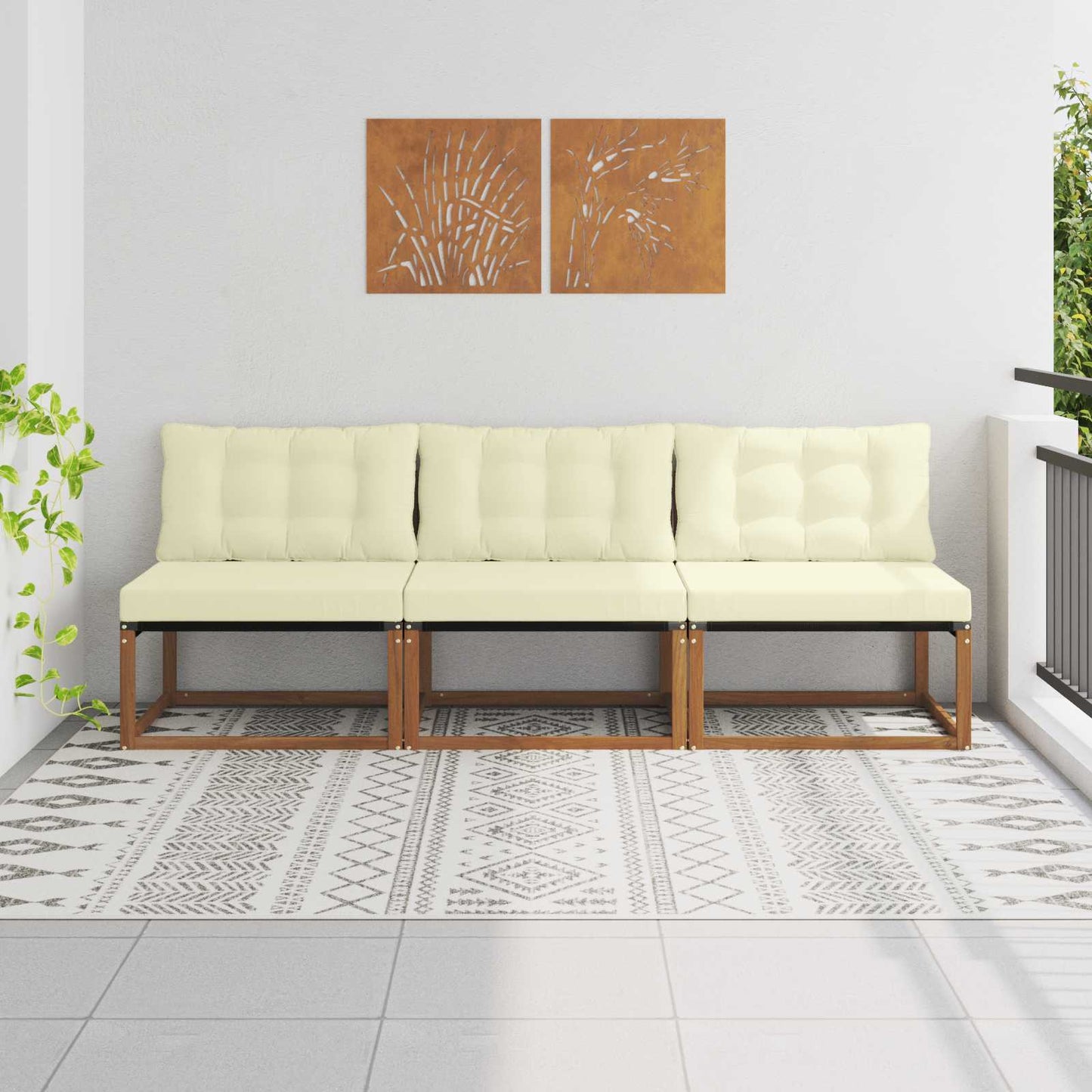 3 Stück Outdoor Mittelsofa Massives Akazienholz und Textilene
