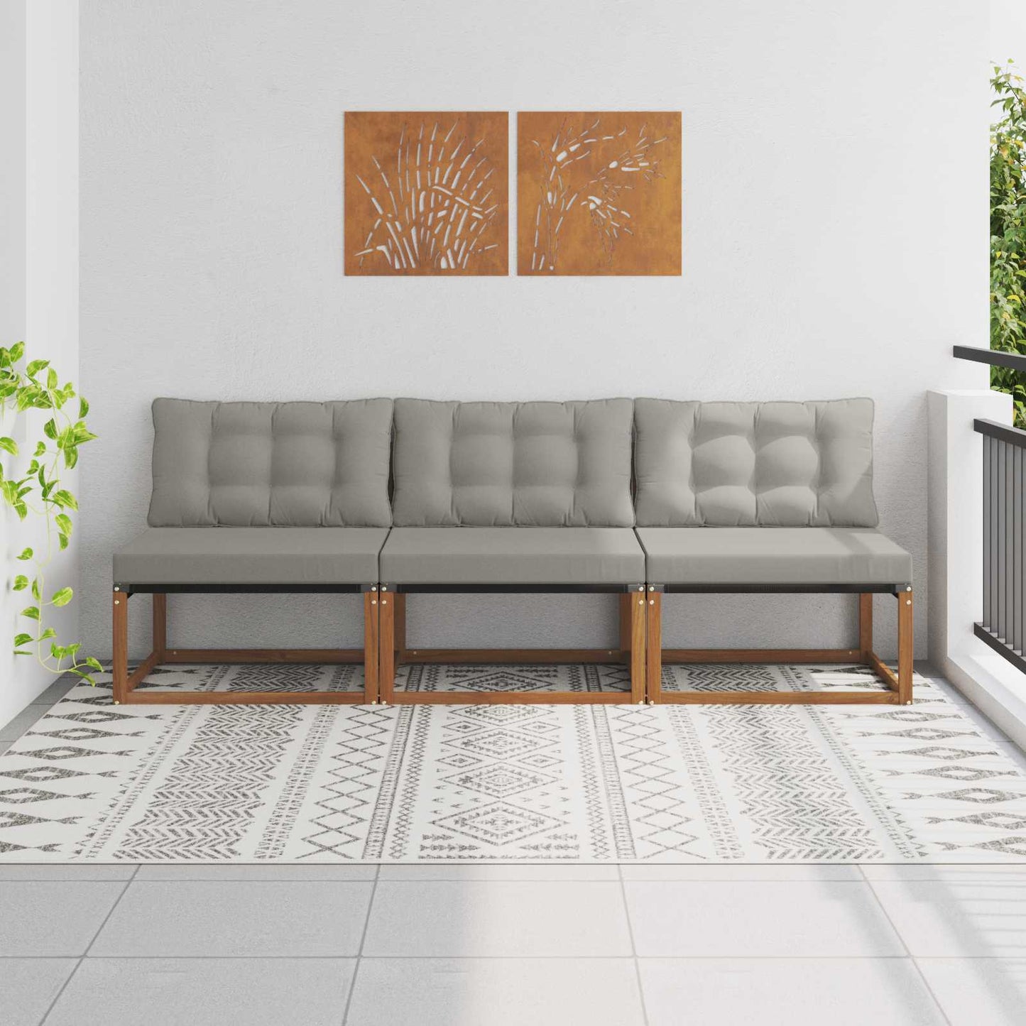 3 Stück Outdoor Mittelsofa Massives Akazienholz und Textilene