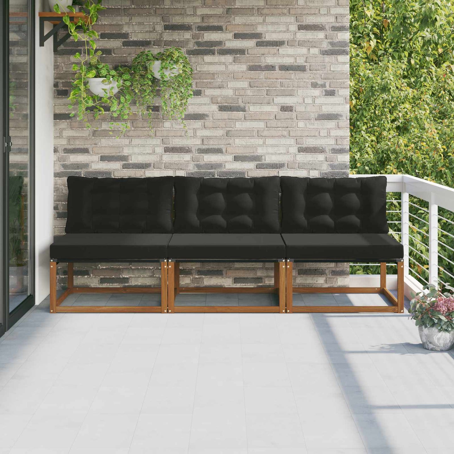 3 Stück Outdoor Mittelsofa Massives Akazienholz und Textilene