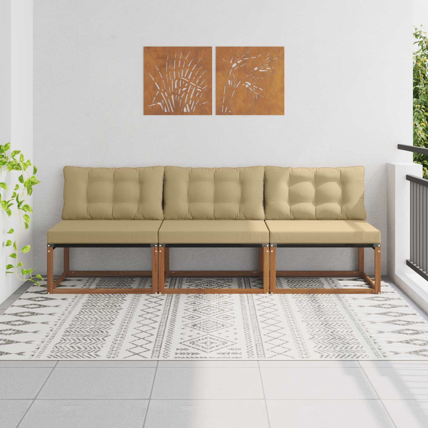 3 Stück Outdoor Mittelsofa Massives Akazienholz und Textilene