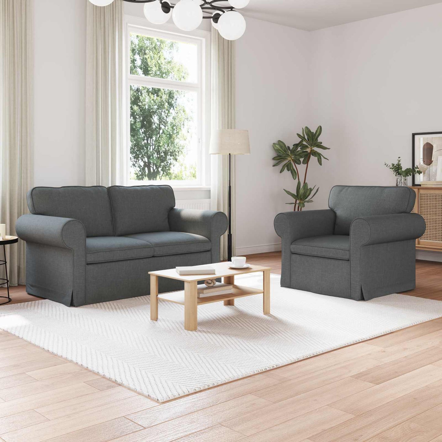 Sofa Set 2 pcs Dunkelgrau 155 x 82 x 80 cm Stoff