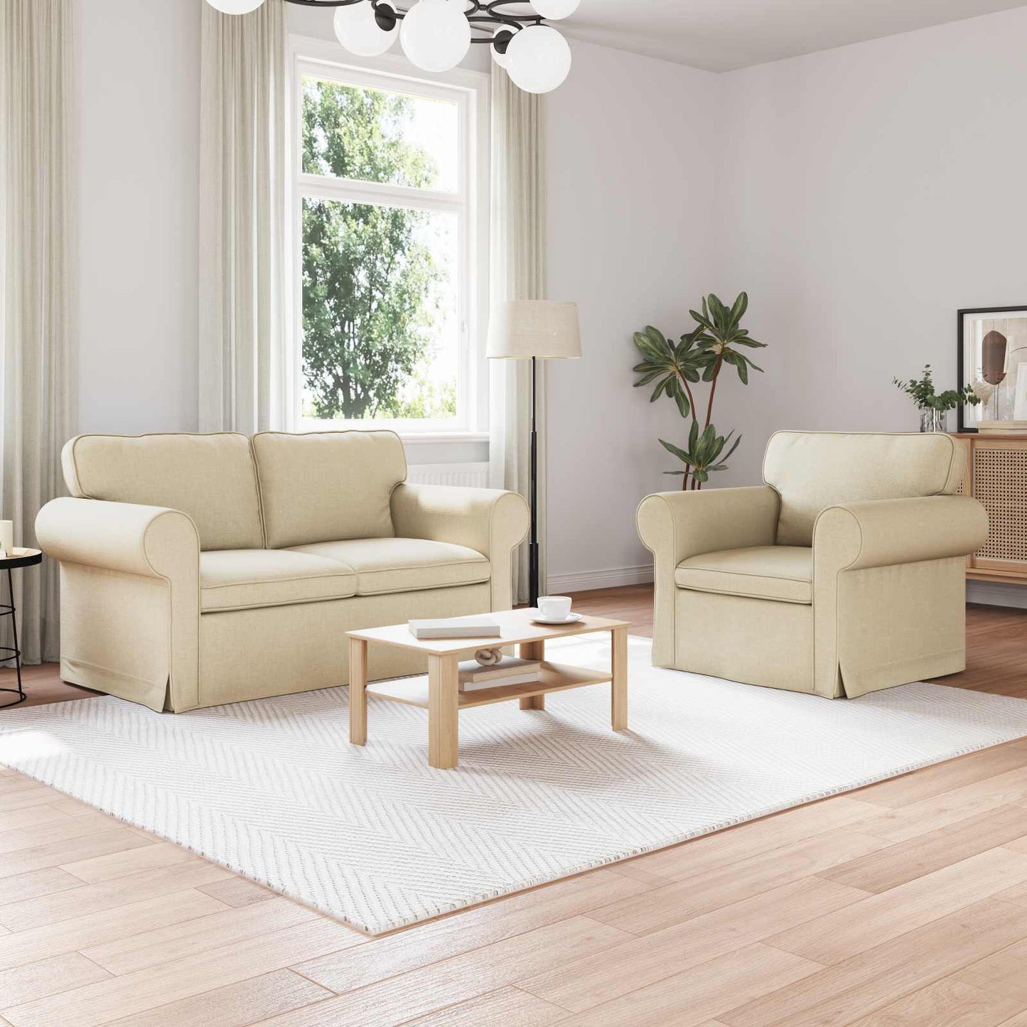Sofa Set 2 pcs Creme 155 x 82 x 80 cm Stoff