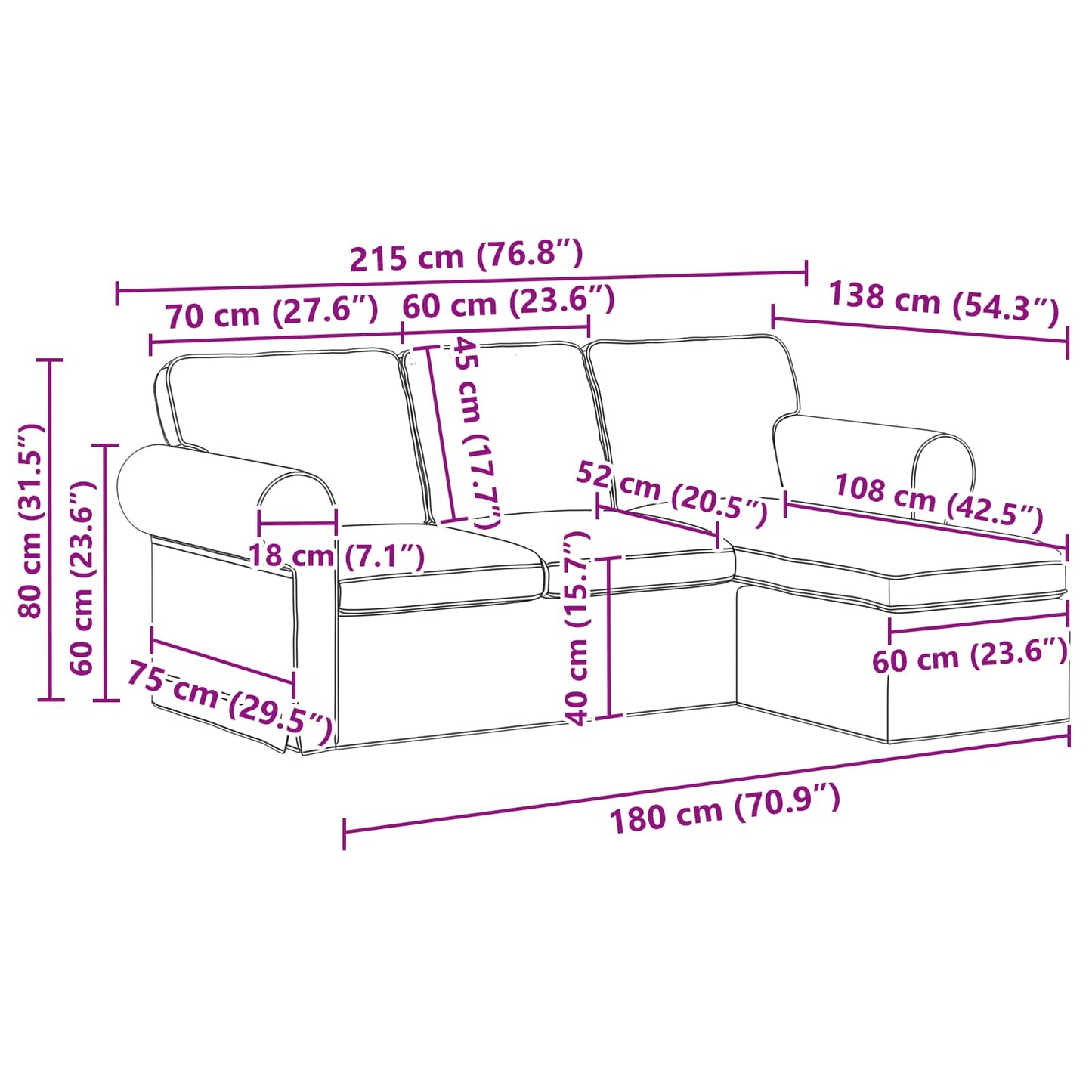 Sofa Creme 215 x 138 x 80 cm Stoff