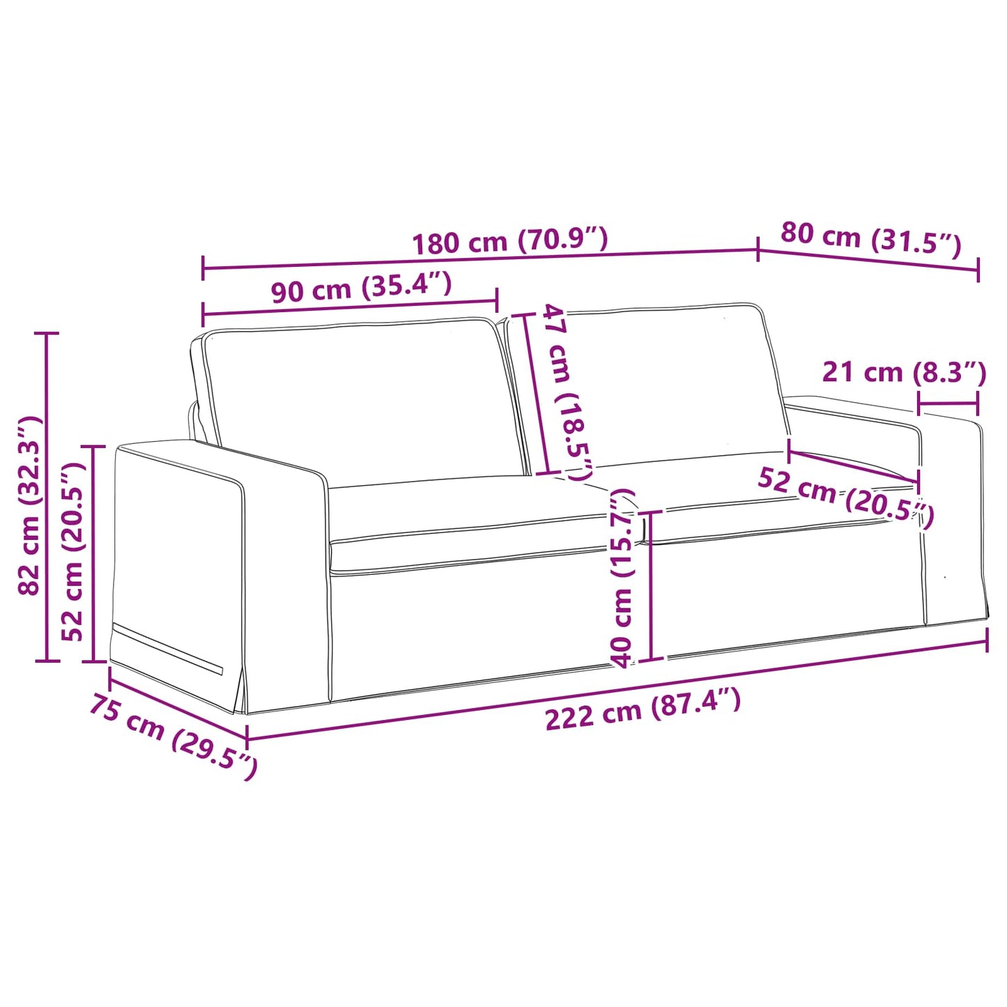 Sofa Hellgrau 222 x 80 x 82 cm Stoff