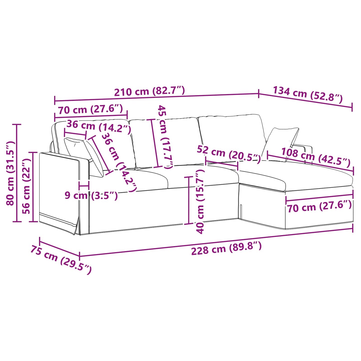 Sofa Rosa 228 x 134 x 80 cm Samt