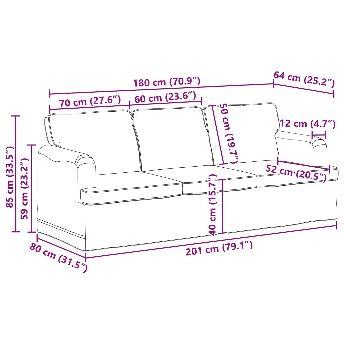 Sofa Taupe 201 x 80 x 85 cm Stoff