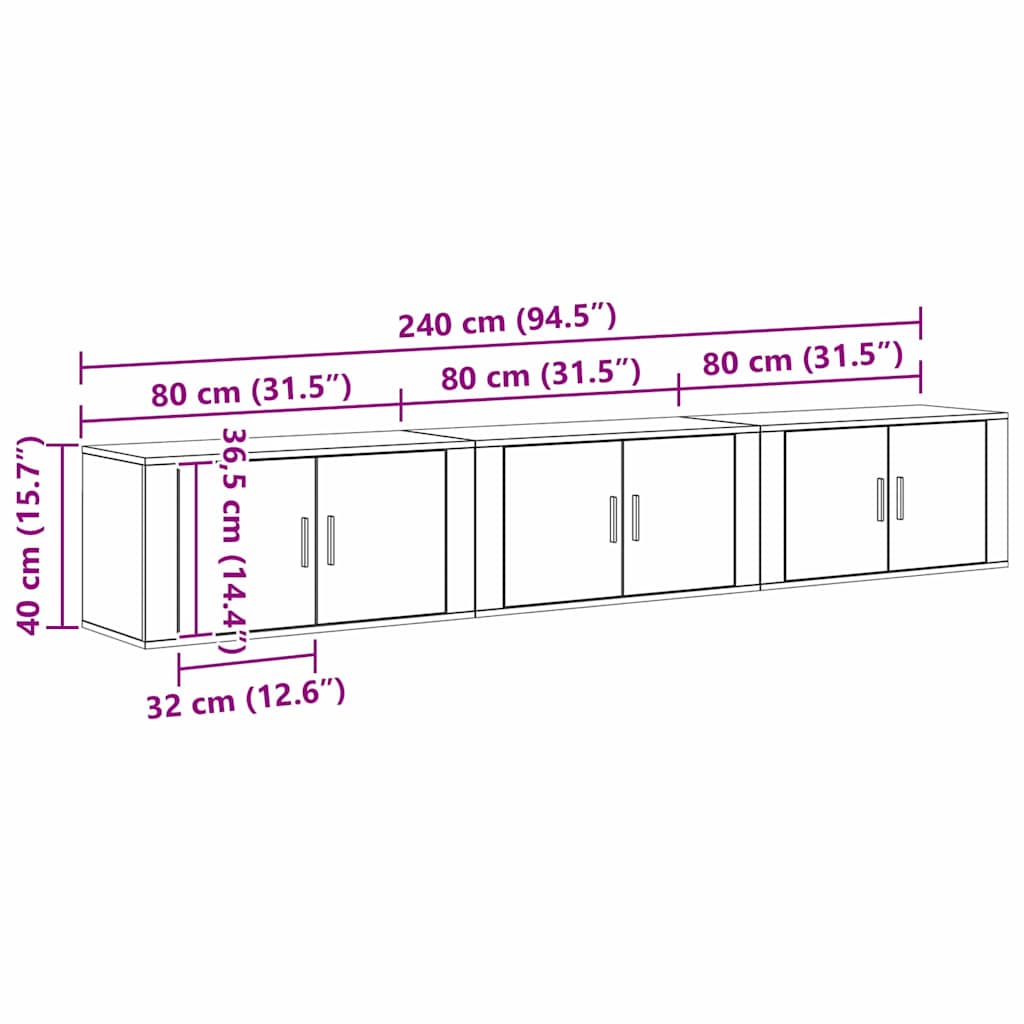 Wand-TV-Schrank Set 3 pcs Schwarz Eichen-Optik Holzwerkstoff