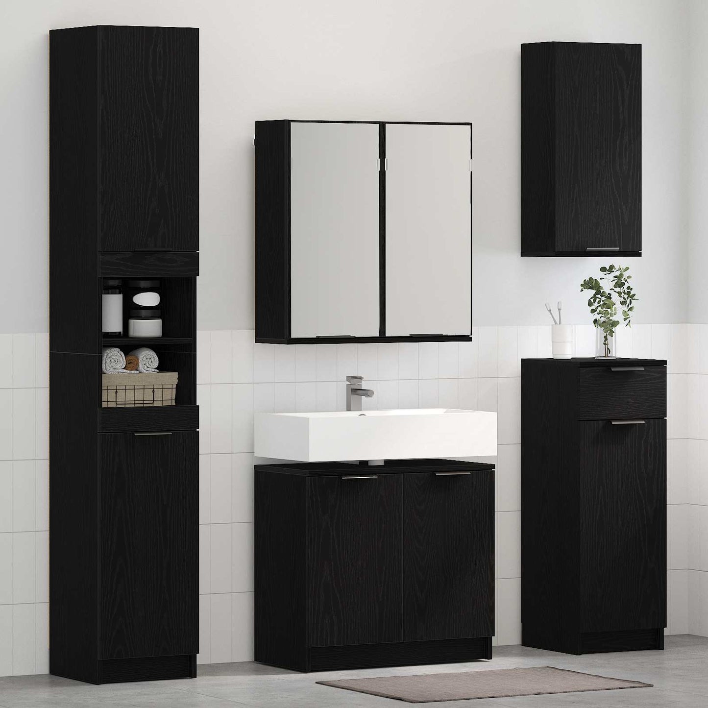 Badezimmermöbel-Set 5 pcs Schwarz Eichen-Optik Holzwerkstoff