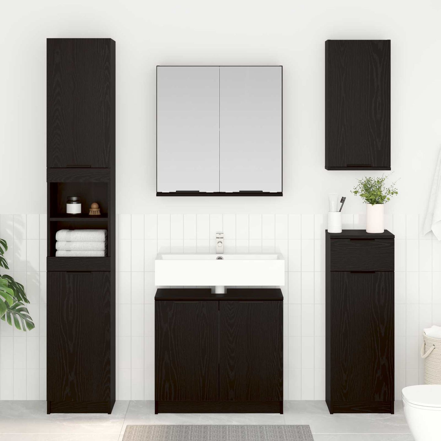 Badezimmermöbel-Set 5 pcs Schwarz Eichen-Optik Holzwerkstoff