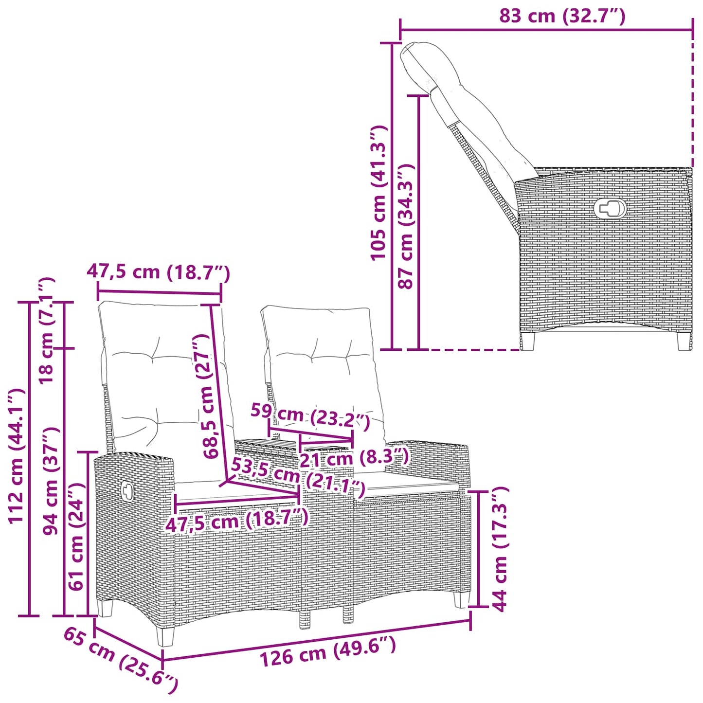 Liegebank mit Tisch Schwarz und Cremeweiß 126 x 65 x 112 cm