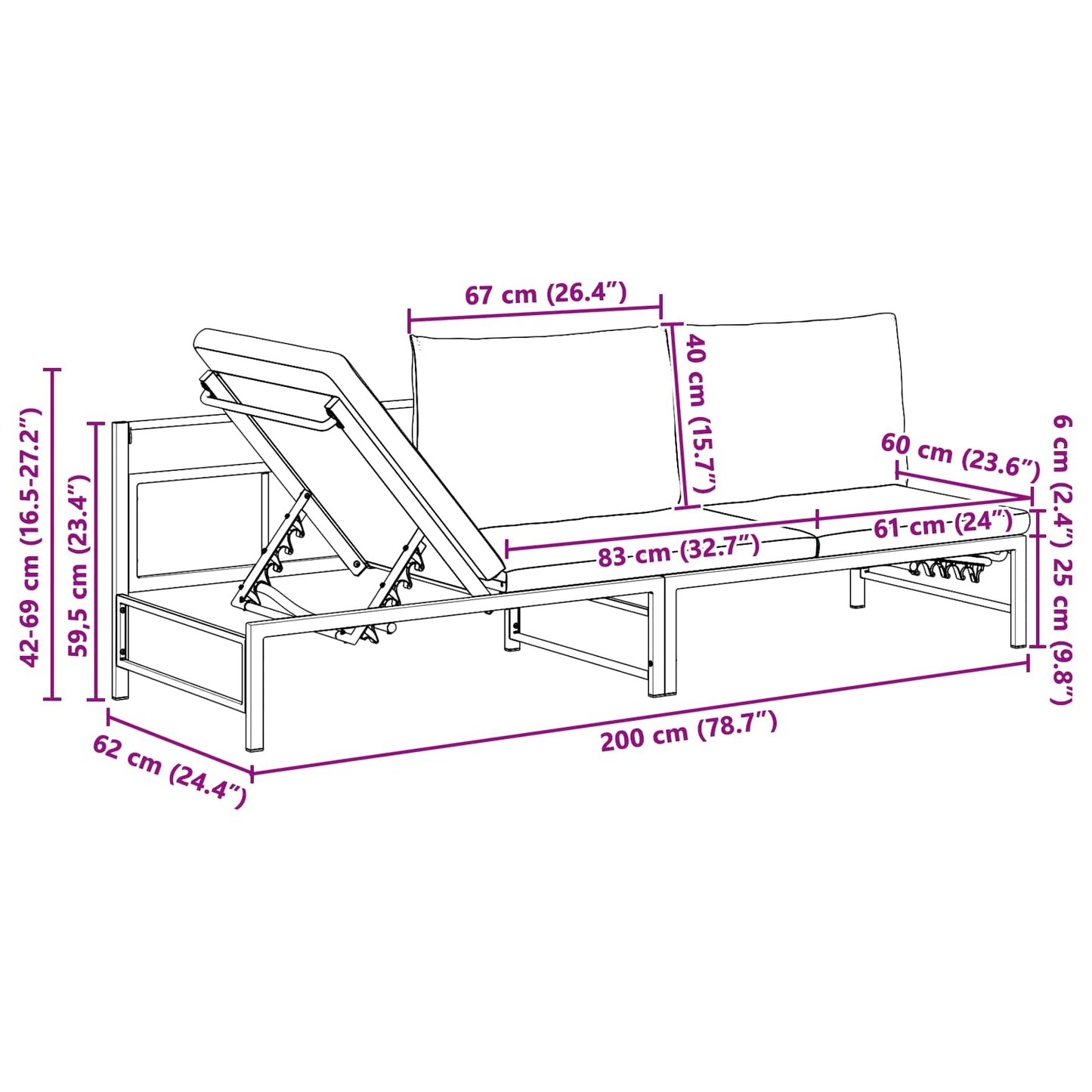 Sonnenliege für 3 Personen Schwarz 200 x 62 x 59,5 cm Textilene