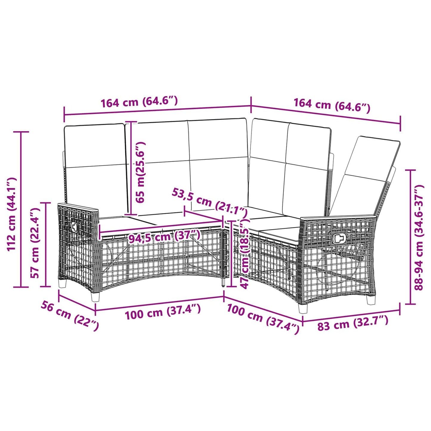 Garten Liegesofa Set Schwarz und Türkis 164 x 164 x 112 cm