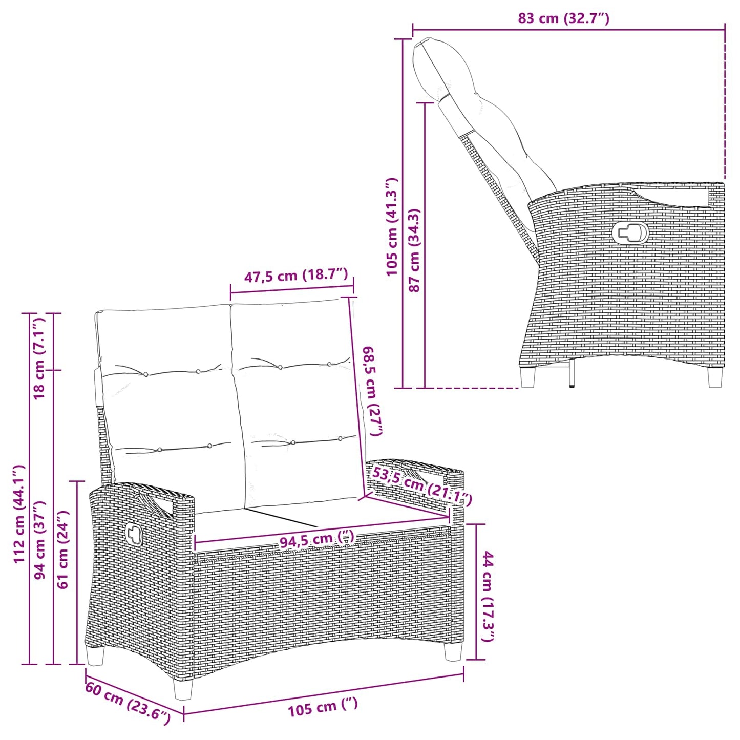 Gartenbank mit Kissen Schwarz und Creme 105 x 60 x 112 cm