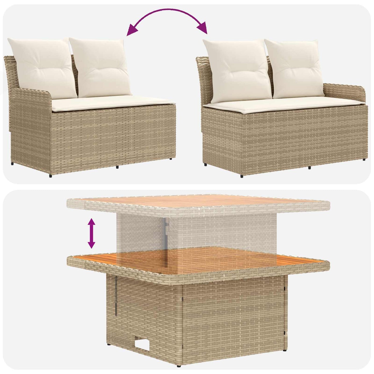 Garten Armlehnen Sofa mit Klapptisch 2 Stück Beige und Creme