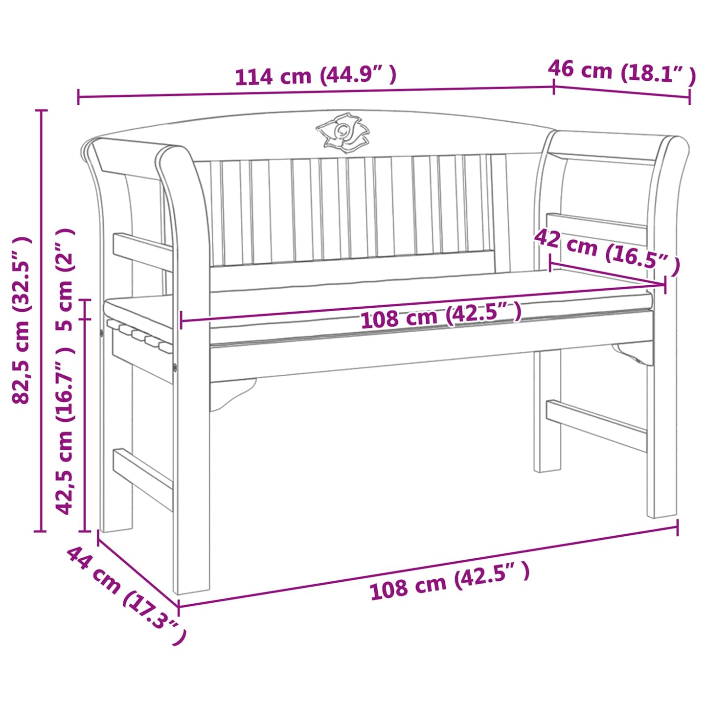 Rosenbank Cremeweiß 114 x 46 x 82,5 cm Massivholz Akazie